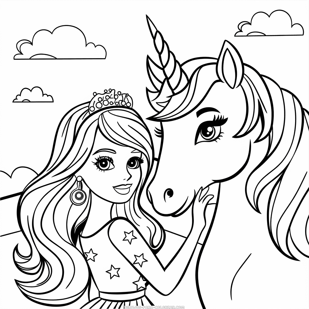 Dibujo de Barbie y unicornio para colorear