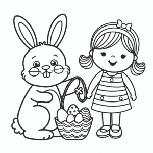 Dibujo de Conejo de Pascua y niña para colorear