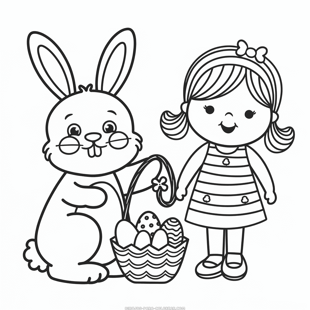 Dibujo de Conejo de Pascua y niña para colorear