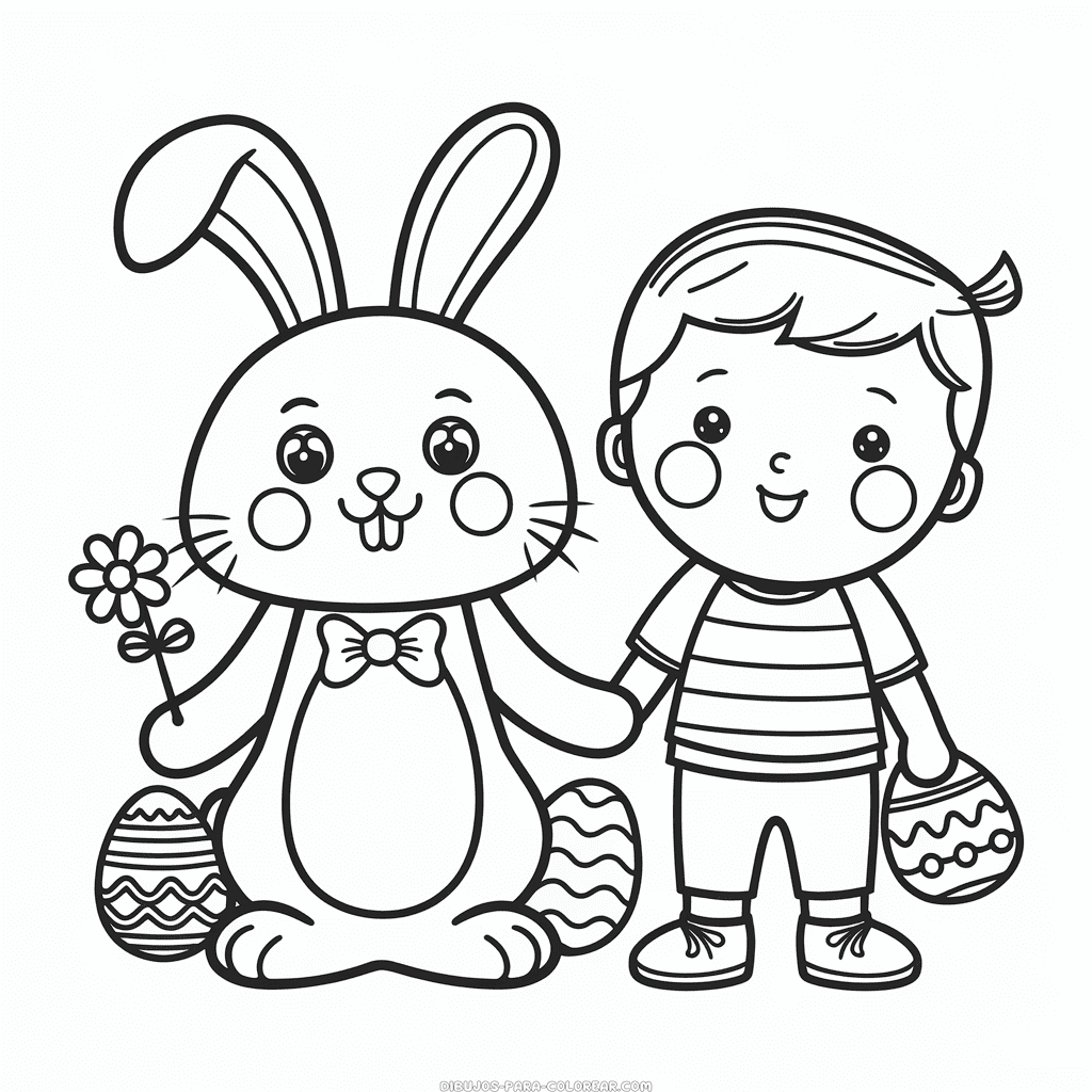 Dibujo de Conejo de Pascua y niño para colorear