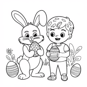 Dibujo de Conejo de Pascua y niño para colorear
