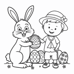 Dibujo de Conejo de Pascua y niño pequeño para colorear