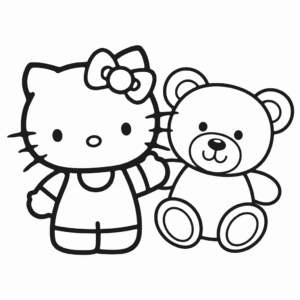 Dibujo de Hello Kitty y Oso de Peluche para Colorear