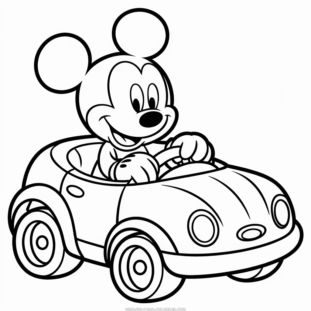 Dibujo de Mickey Mouse en el Coche para Colorear
